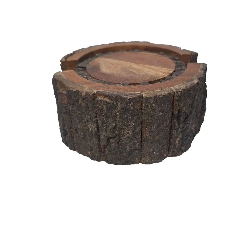 Set of 4 Rustic Primitive Live Edge Wooden Coasters with Holder